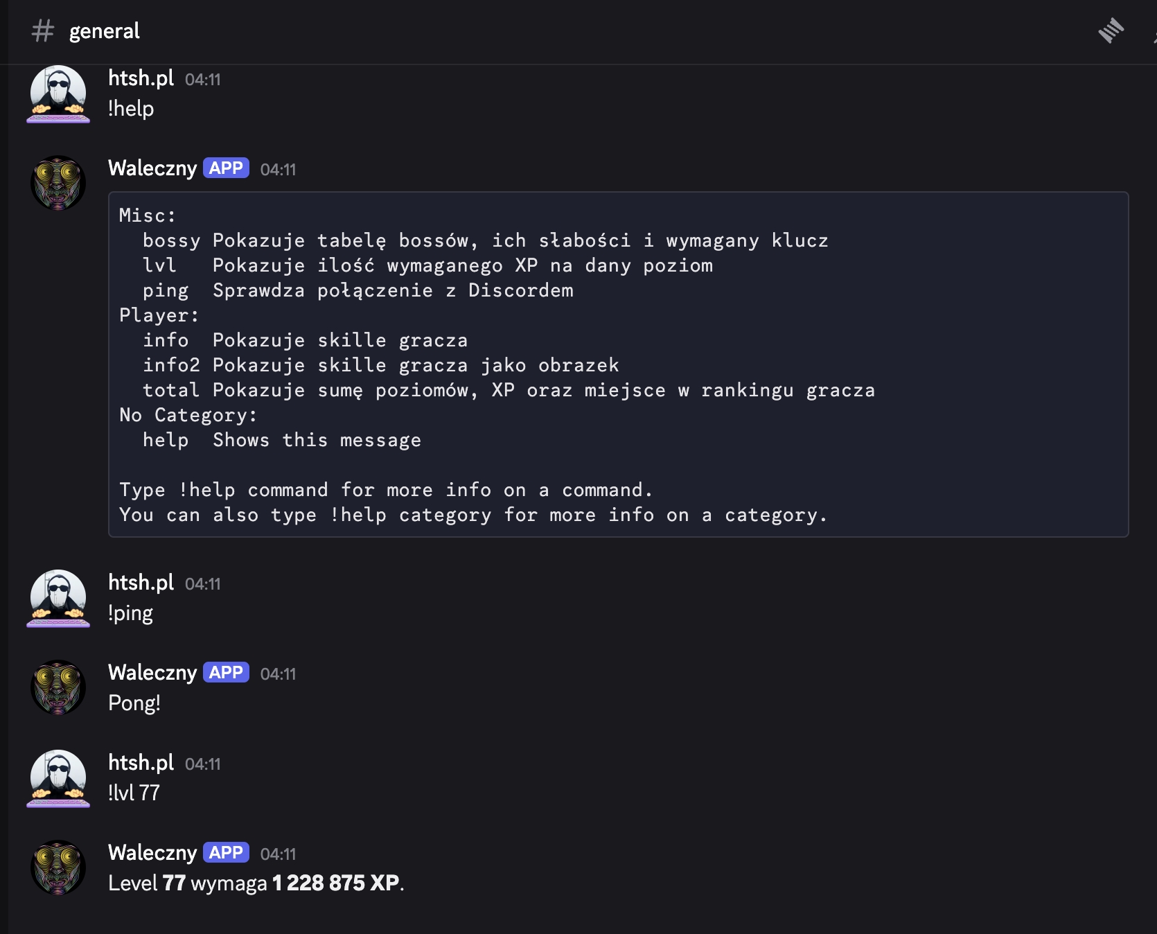 Discord channel where the bot answers !help with a list of commands, !ping with Pong! and !lvl 77 with the XP needed for level 77