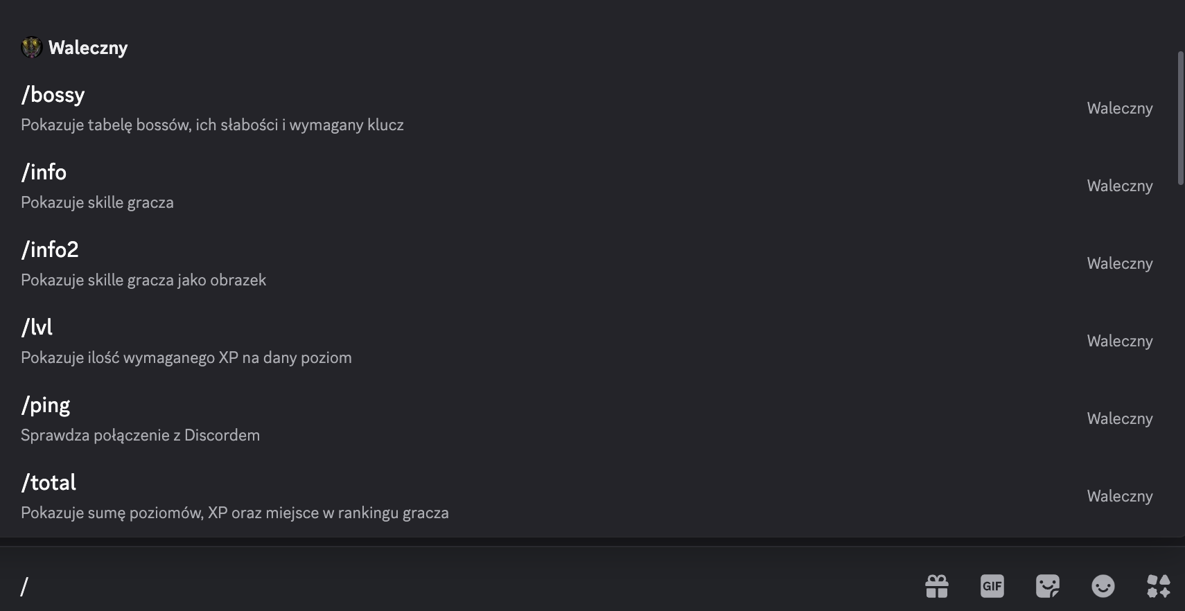 Discord slash command menu after !sync, listing the bot's commands with their descriptions